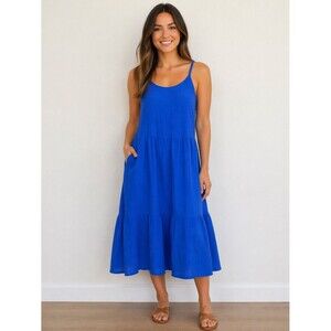 H&M Blue Gauze Boho Tiered Crinkled Midi Dress XL Sleeveless Casual Flowy Summer